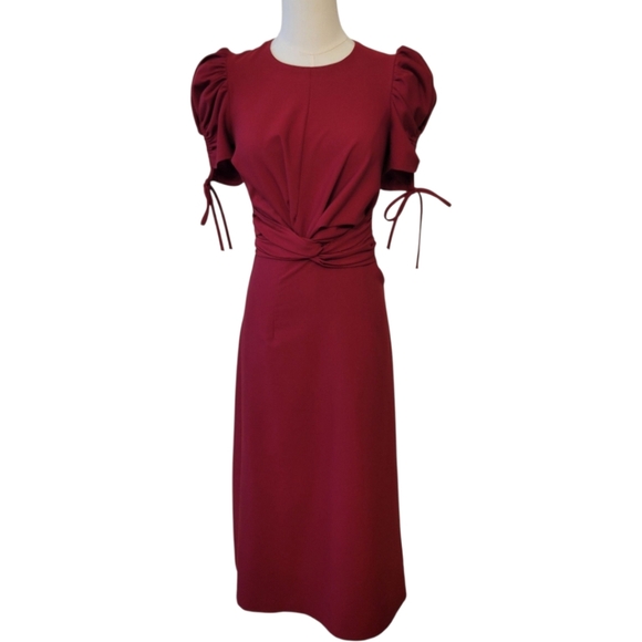 NDK Deep Red Puff Sleeve Midi Length Dress Size Small - Picture 1 of 5